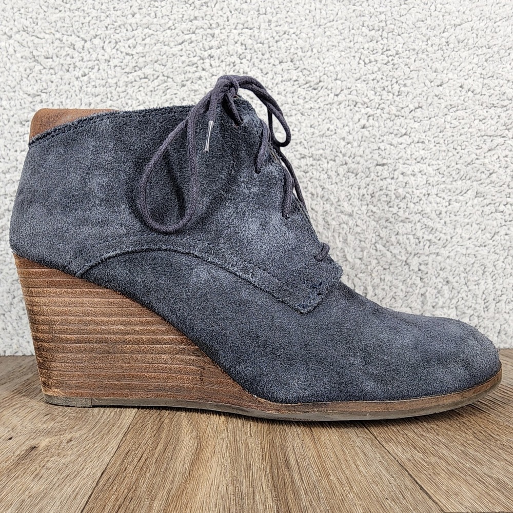 Lucky Brand Blue Navy Suede Wedge Ankle Boots Women's Size 8.5 M Lace‎ Up